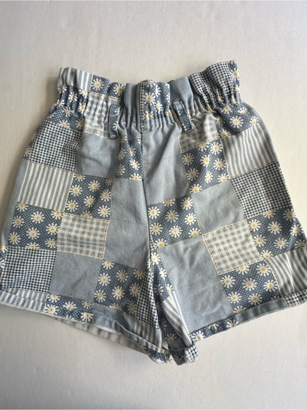 Vintage 90s Patchwork Paper Bag Style Kids Girl Shorts Blue Daisies Size 10/12